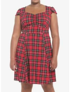 HUNIVERS Red Plaid Retro Sweetheart Dress Plus Size