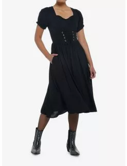 Null Black Puff Sleeve Corset Midi Dress
