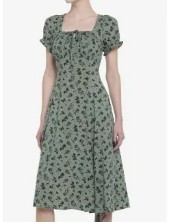 Null Green Butterfly Mushroom Empire Midi Dress
